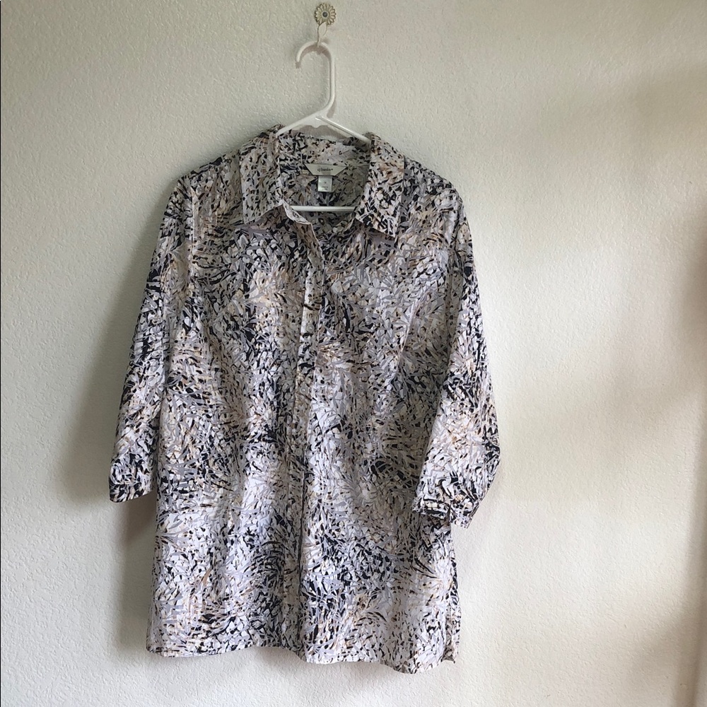 CJ‎ Banks Beige Black Patterned Shirt Sheer Size 1x